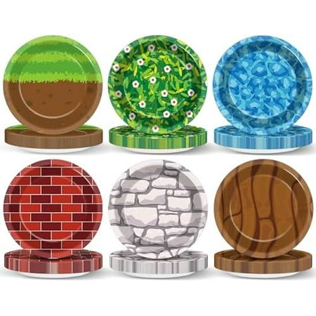 48Pcs Pixel Video Game Party Supplies Pixel Mining Party Paper Plates 7Inch Pixelated Themed Disposable Dessert Plates Supplies Small Comic Brick Dinnerware Decors for Birthday Baby Shower Gamer Decor
