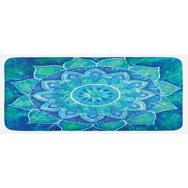 Mandala Kitchen Mat, Hand Drawn Style Grungy Modern Art Design Blossoming Flower Modern Art, Plush Decorative Kitchen Mat with Non Slip Backing, 47" X 19", Pale Blue and White, by Ambesonne