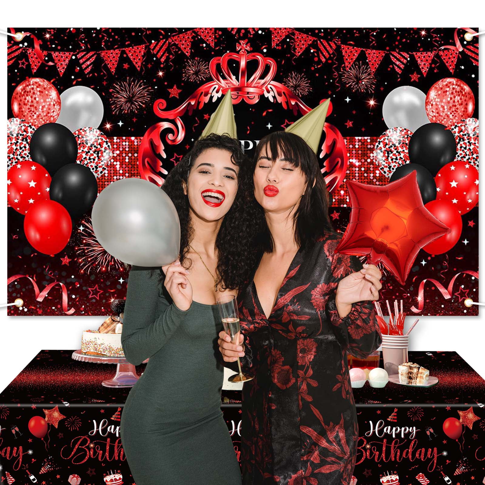 Mocsicka Red and Black Birthday Decorations Happy Birthday Backdrop 66 Pcs Balloons Set Red and Black Party Supplies for Men Women
