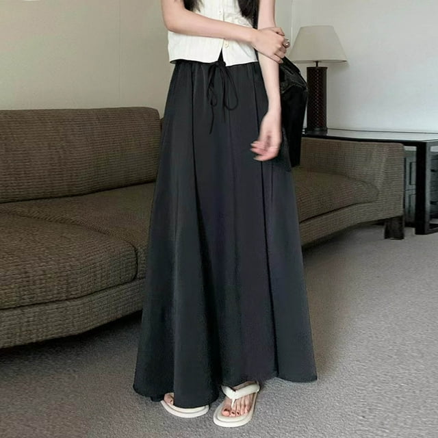 Karight Women Drawstring High Waist Maxi Long Skirt Flowy Summer Flared A Line Maxi Skirts Elastic Waisted Trendy Dress