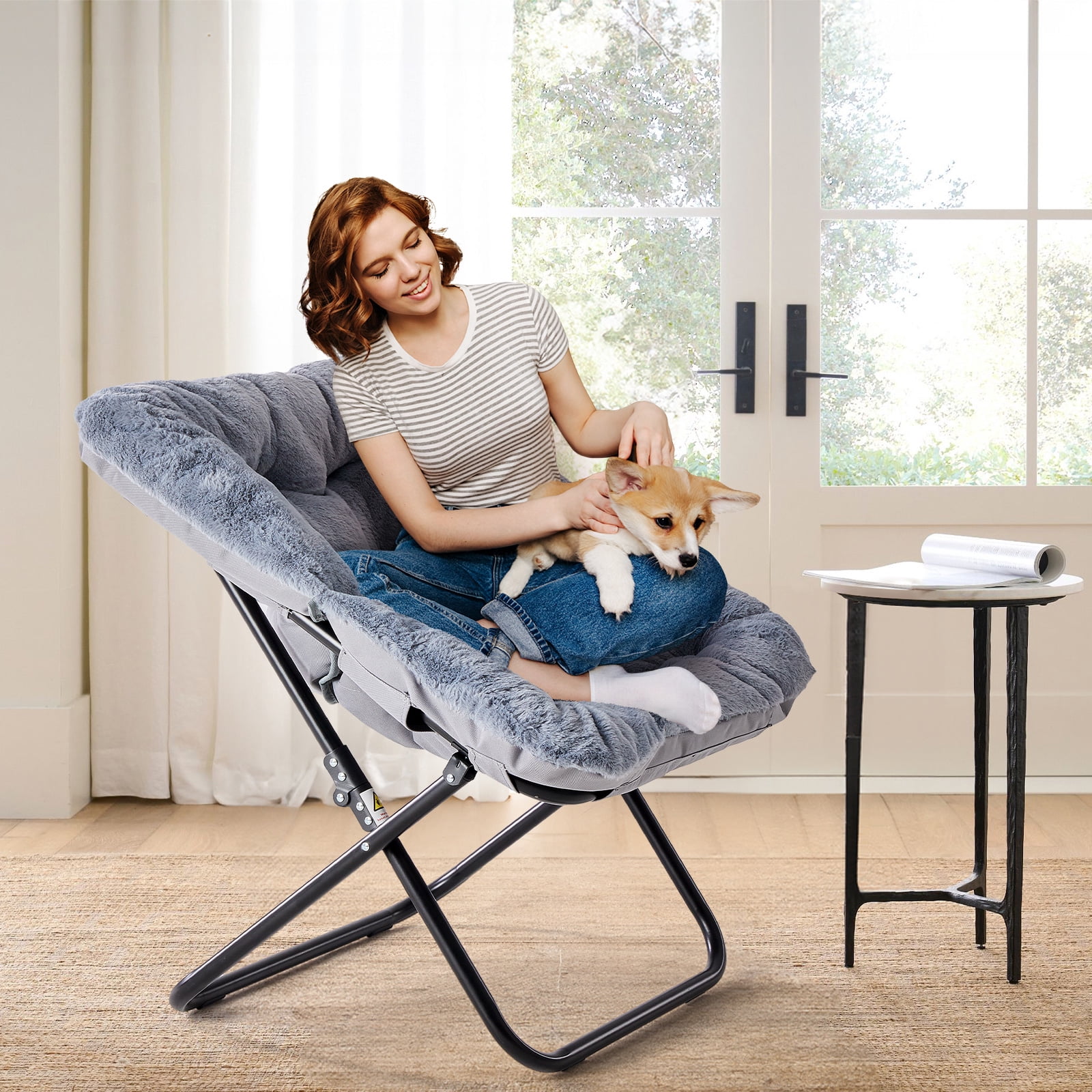Comfy Faux Fur Folding Lounge Chair for Adults, Large Size Foldable