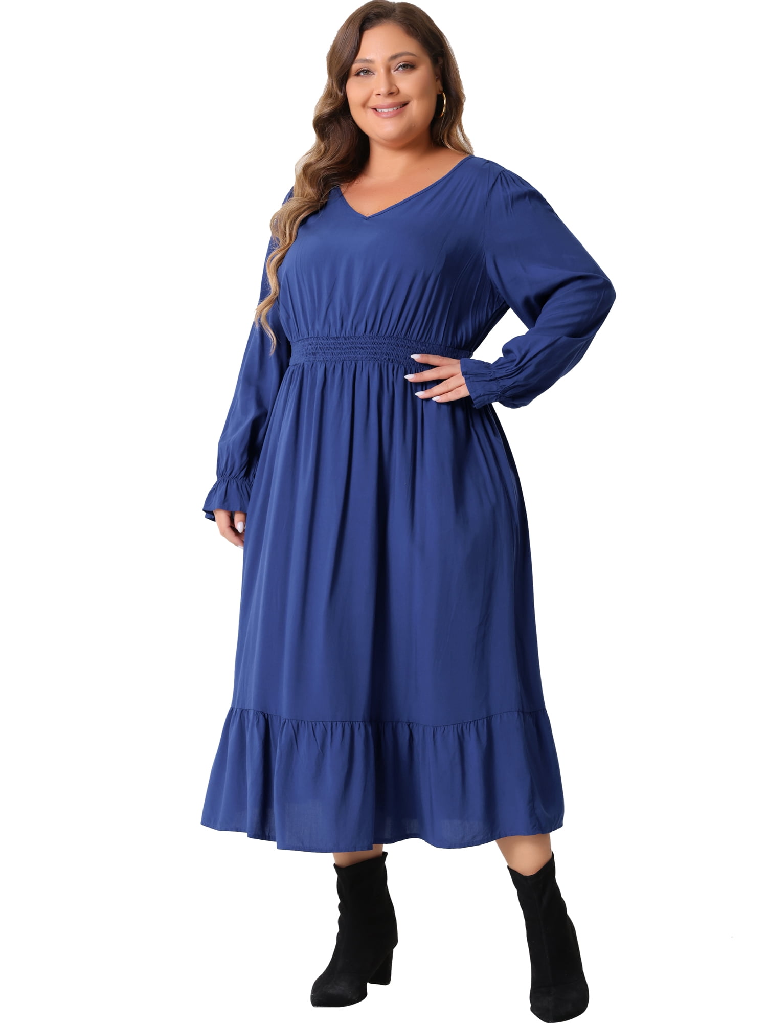 DARING DIVA Plus Size V Neck High Waist Ruffle Long Sleeve Dress 2X Royal Blue