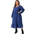 thumbnail image 3 of DARING DIVA Plus Size V Neck High Waist Ruffle Long Sleeve Dress 1X Royal Blue, 3 of 6