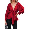 thumbnail image 1 of Bxhd Womens Long Sleeve Boho Shirts Deep V Neck Front Tie Knot Peplum Blouses Tops, 1 of 3