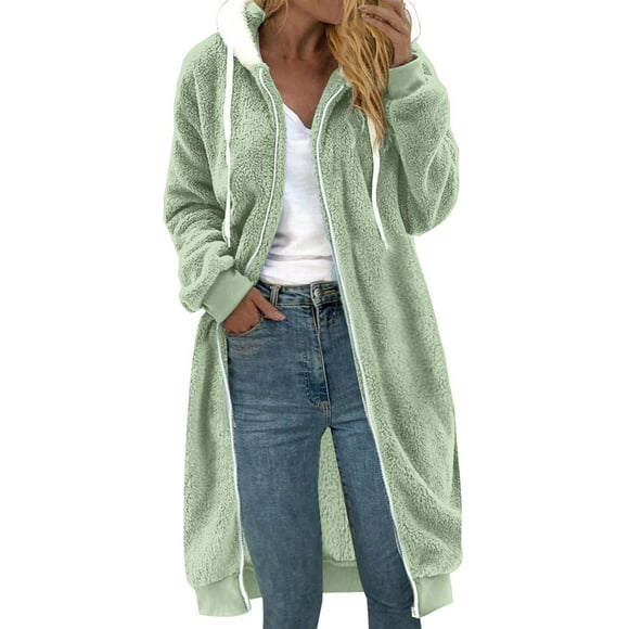 FAIWAD Women's Hoodies Zip Long Coat Long Sleeve Thicken Fleece Solid Color Jacket Casual Warm Fuzzy Coat