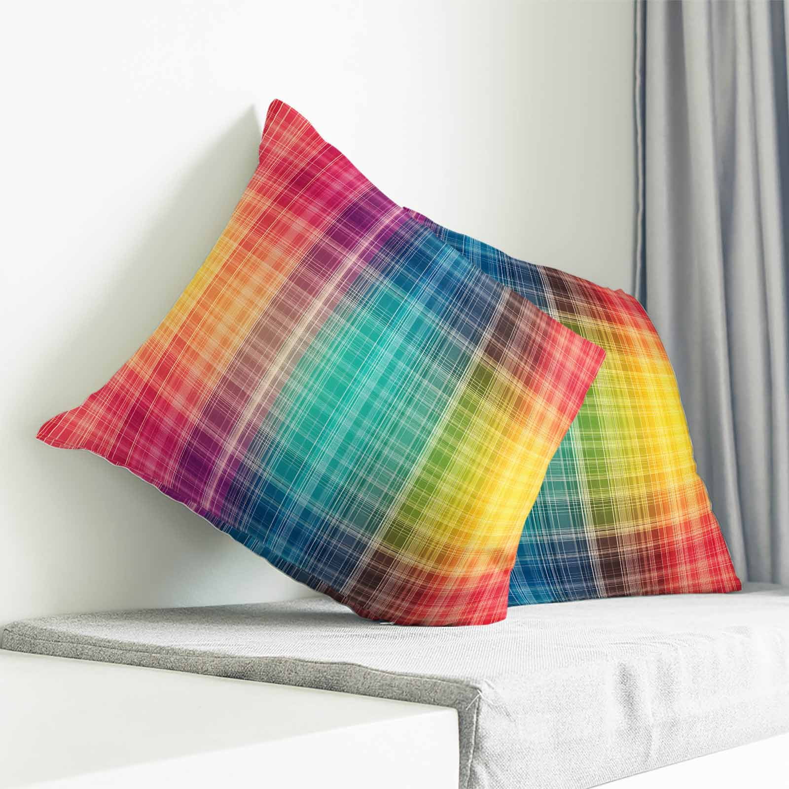 Throw Pillow Covers 26x26 Inch, Colorful Plaid Decorative Pillow Cases for Couch Sofa Bed, Modern Chic Rainbow Gradient Striped Cotton Linen Square Home Decor Pillowcases with Hidden Zipper