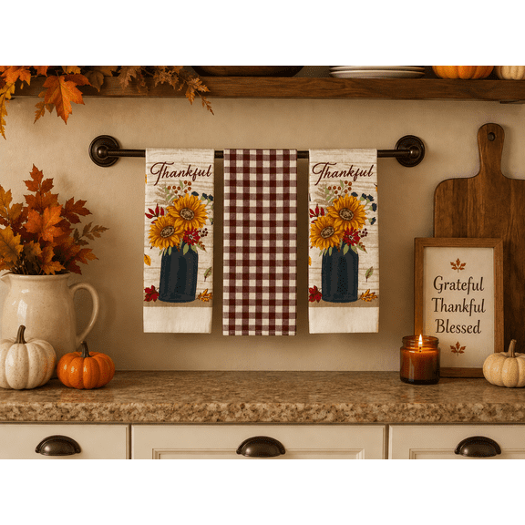 Serafina Home 3-Piece Farmhouse Fall Thankful Sunflower Cotton Kitchen Towel Linen Set