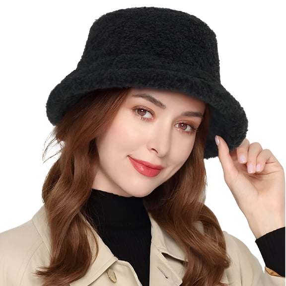TELOLY Women Winter Plush Bucket Hat Vintage Cloche Hat Warm Faux Fur Wool Solid Color Outdoor Fisherman Cap for Girls Women