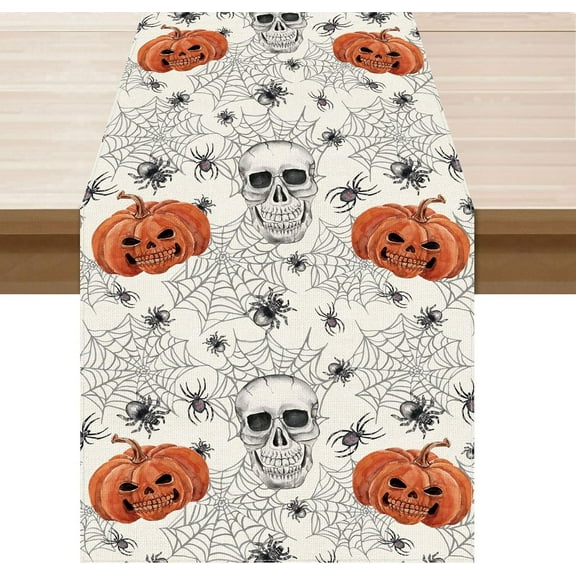 Halloween Skeleton Spooky Pumpkin Table Runner Burlap Table Decoration for Home Kitchen Dining Dinner Indoor Holiday Farmhouse Decor 13x36 Inch
