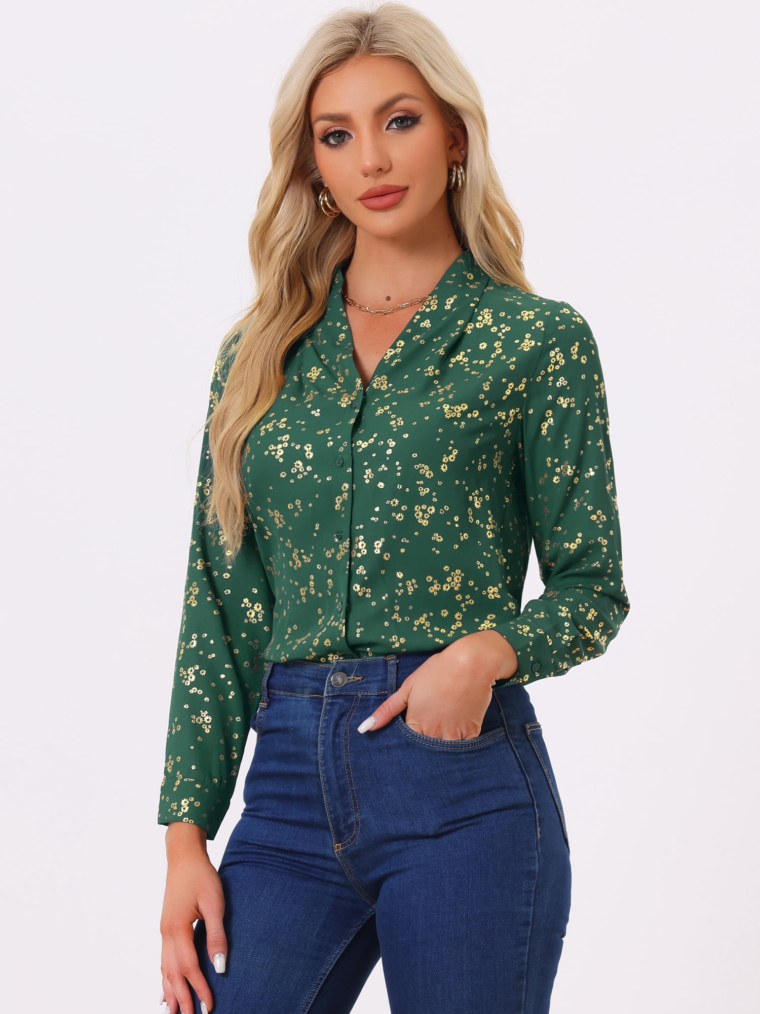 DARING DIVA Stand Collar Metallic Dots Stars Blouse Top S Green-Floral