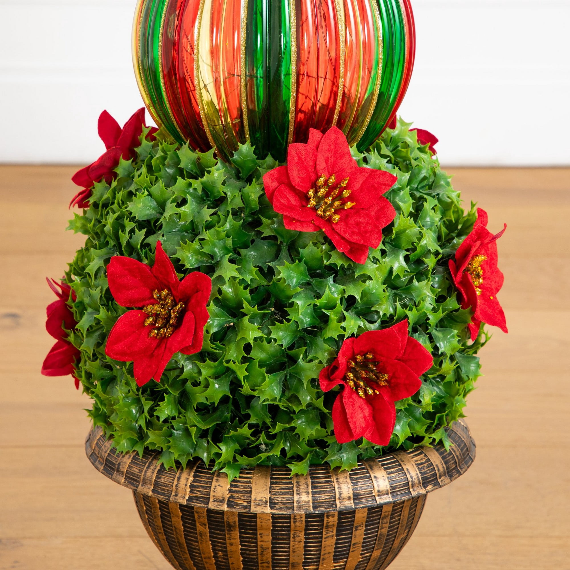 3ft. Pre-Lit Artificial Christmas Ornament Holly Berry Topiary Tree with Poinsettias and 70 LED Lights in Decorative Urn