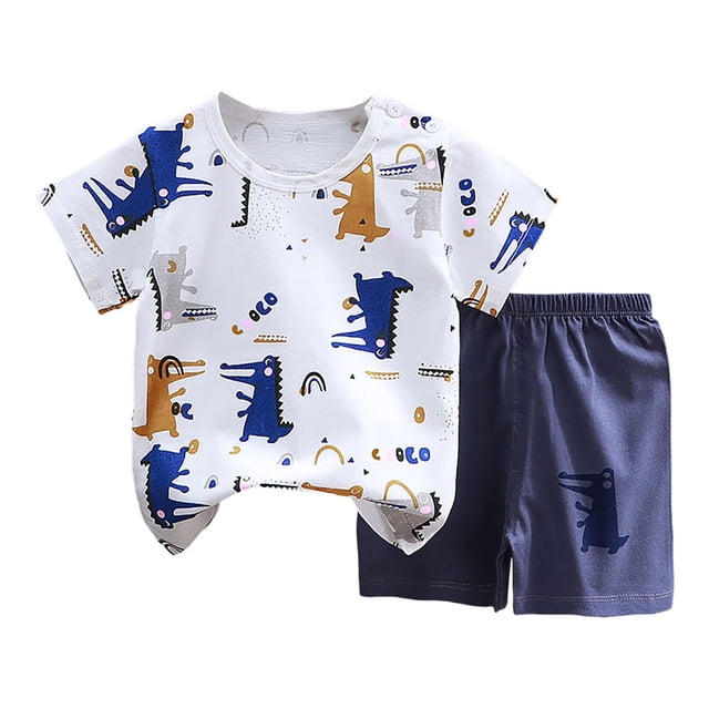 Nwiuh Ensembles d'Été pour Garçons 2 Pcs pour la Plage 2026 Ensemble Deux Pièces T-Shirt à Manches Courtes et Short Col Ras du Cou Imprimé Dessin Animé Tenues Respirantes (Bleu, 7-8 Ans)
