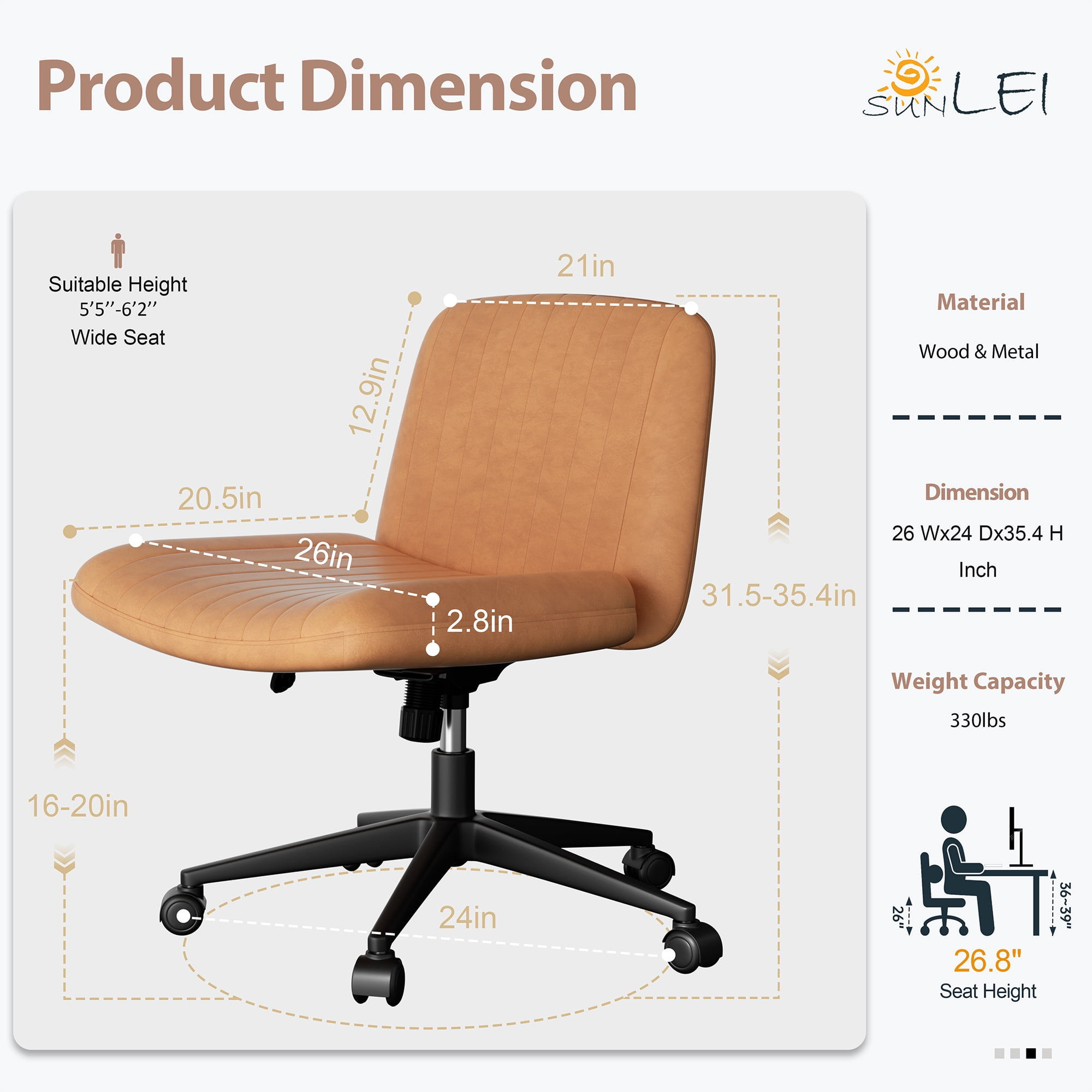 Walsunny Armless Criss Cross Home Office Chair, Fabric Vanity Desk Chair with Wheels, Wide Seat Swivel Task Computer Chair, Orange