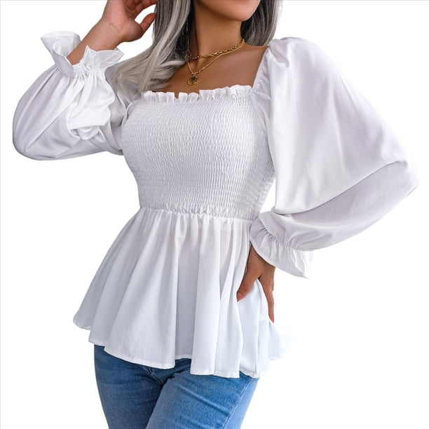 Blusa Tipo Babydoll de Larga con Cuello Cuadrado, Fruncido, Dobladillo con Volantes y Peplum Fruncido para Mujer. M