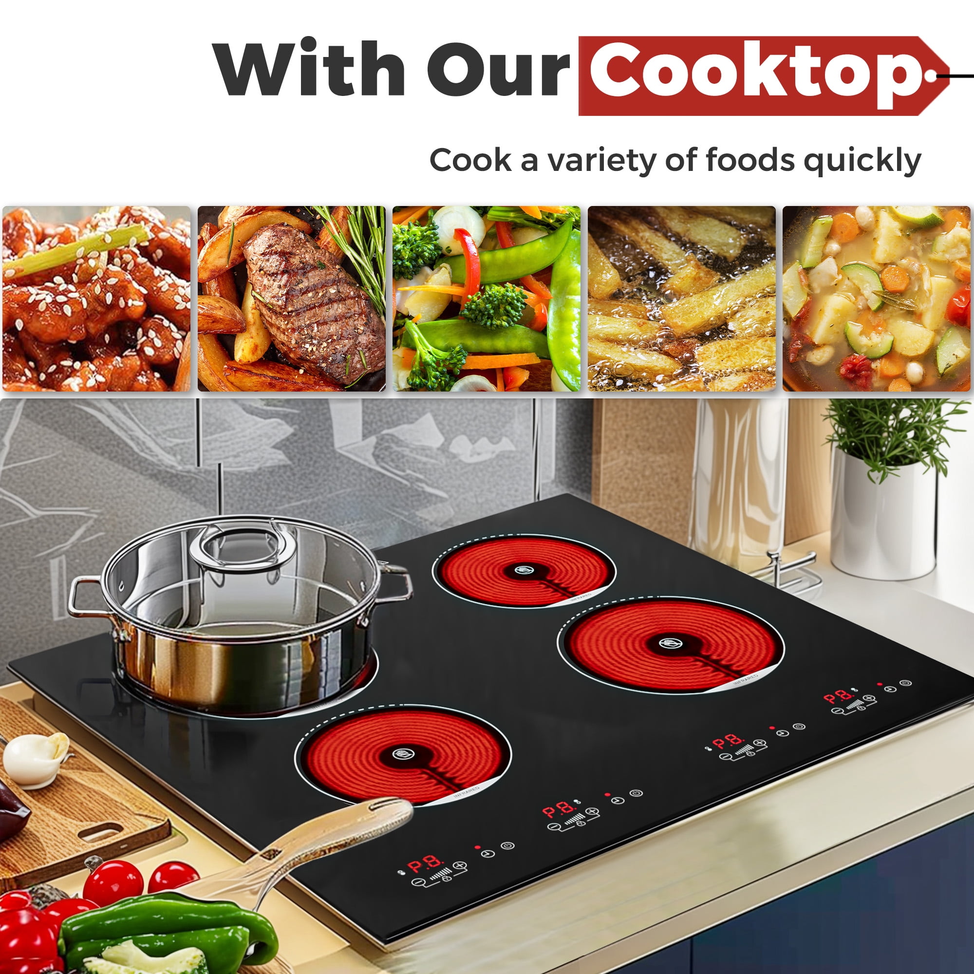 Advwin 4 Burner Electric Stove Top，24 Inch Built-in Electric Stove Top,6000W Electric Ceramic Cooktop with 4H Timer, Kid Safety Lock and Knob Control, 9 Heating Level,220v(No Plug)