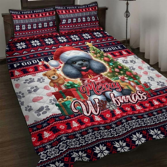 Poodle Merry Woofmas Quilt Bed Set Christmas Dog Art Style DT02