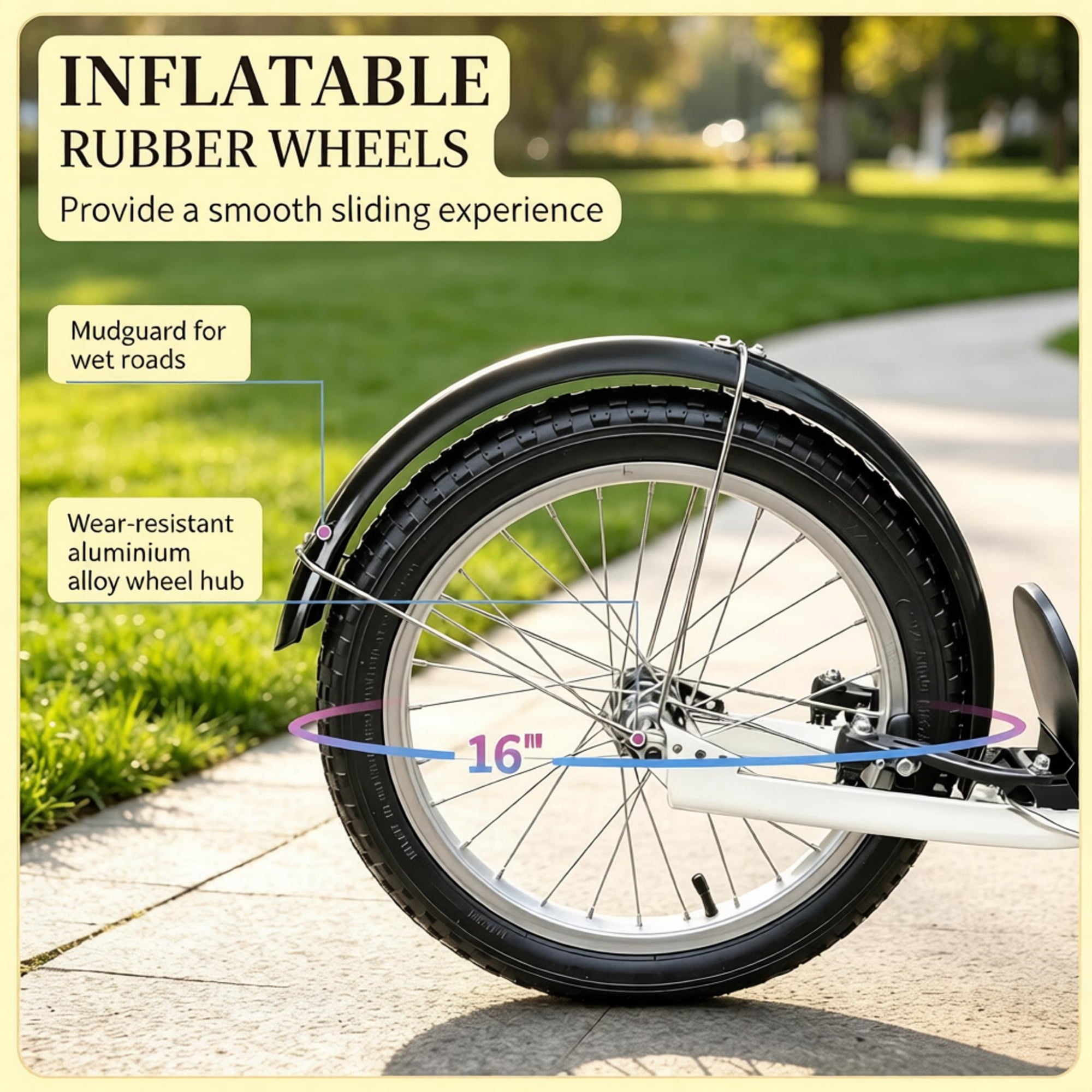 16" Inflatable Youth Scooter, Kick Scooter with Adjustable Handlebars, Double Brakes, Basket and Cupholder, Pink