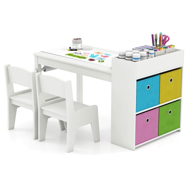 Costway Ensemble Table et Chaises d'Art pour Enfants avec Rouleau de Papier Bureau d'Étude en Bois Jeu Actif Blanc
