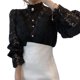 thumbnail image 1 of Camisa de manga larga para mujer, blusa francesa de encaje, camisa con cuello levantado y recorte floral, 1 of 5