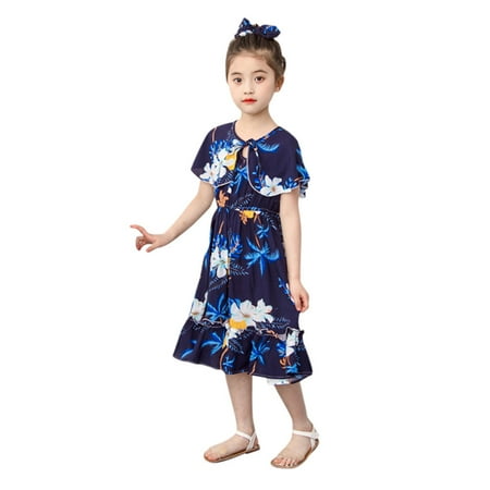 

Girl s Summer Dresses Short Sleeve Casual Dresses Floral Print Navy 120