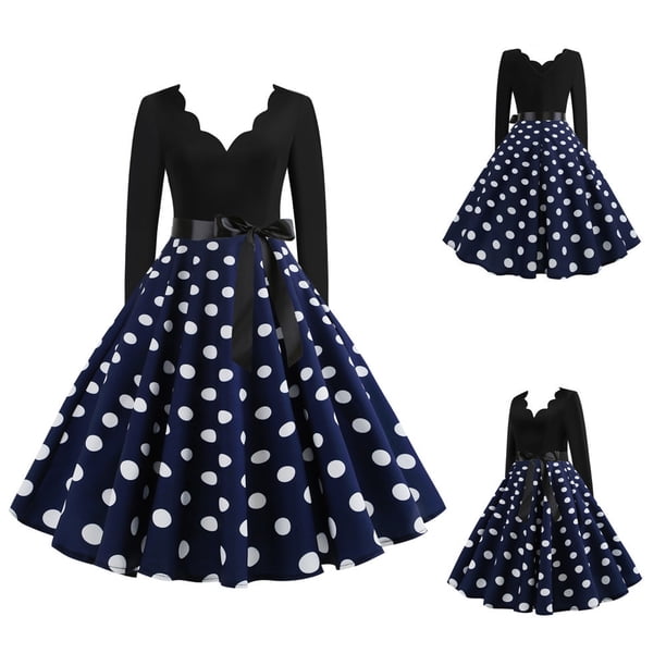 ICHUANYI Clearance Women's V-Neck Retro Print Polka- Long-Sleeved Casual Bow Tie Stitching Large Dress(Navy, M) Ichaunyi WER2023080906976