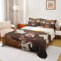 Homewish Cute Highland Cow Queen Sheet Sets,Brown Cattle Hide Flat Sheet,Rustic Farmhouse Cabin Queen Fitted Sheet For Girl Boys,Ultra Soft Home Decor,4-Piece