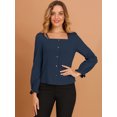 thumbnail image 2 of Blusa elegante con cuello cuadrado para mujer, puño con volantes, mangas largas, botones, decoración, Tops Azul marino L, 2 of 6