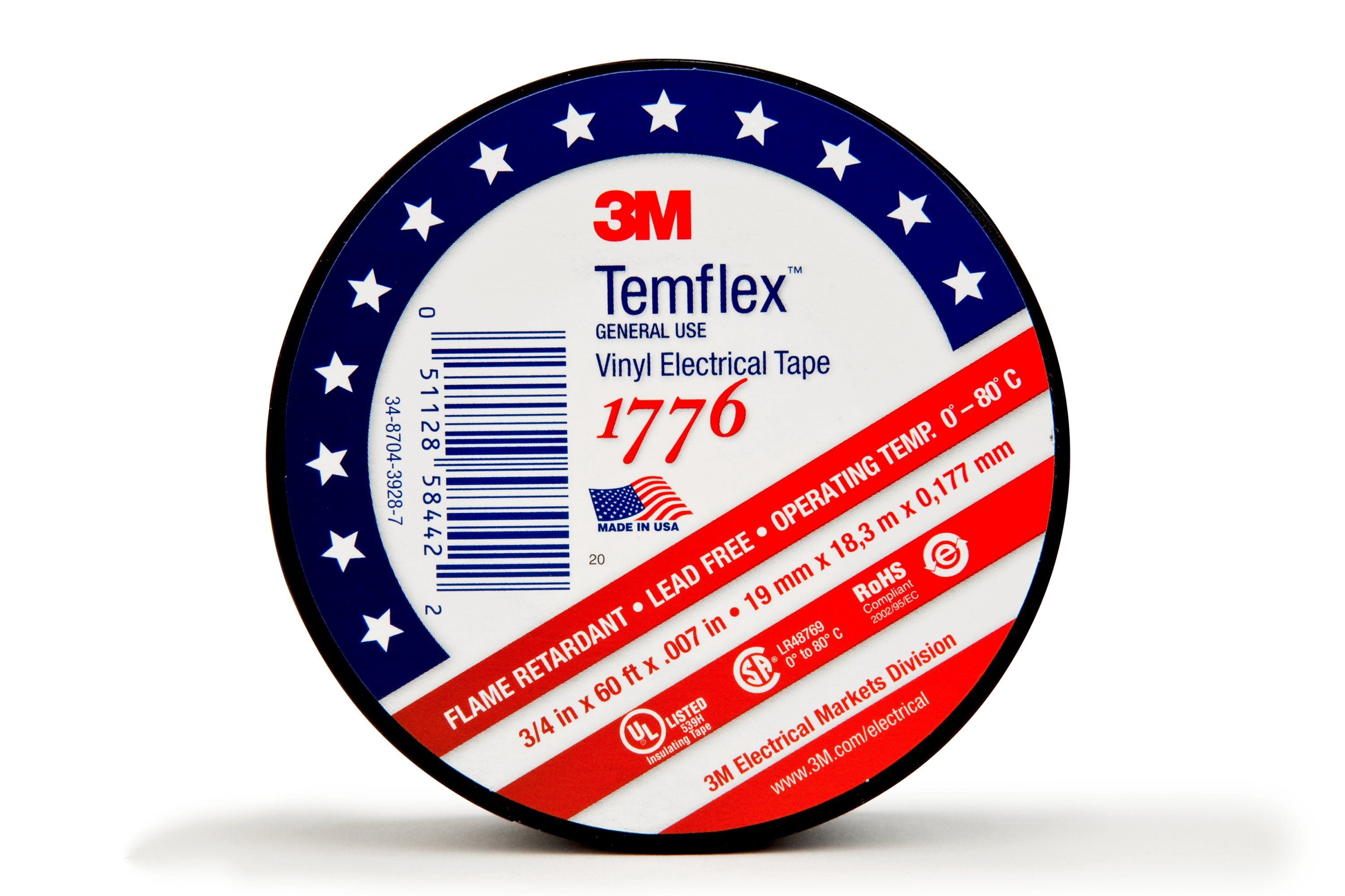 3M Temflex Vinyl Electrical Tape 1776, 3/4 in x 60 ft, 1-1/2 in Core, Black, 1 roll/carton, 100 rolls/Case