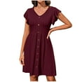 thumbnail image 1 of Staron Women Summer Dresses Button V Neck Tiered Ruffle Short Sleeve Dress Flowy Knee Length Spring A-Line Pleated Dresses, 1 of 7