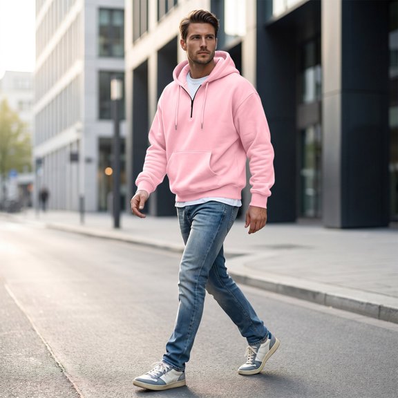 Men Quarter Zip Hoodie Fleece Lightweight Mens Half Zip Pullover Long Sleeve Drop Shoulder Hooded Sweatshirt Pink L