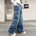 thumbnail image 2 of CPNG Teen Girls Solid Color Baggy Leg Wide Leg Denim Pants Trendy Loose Casual Denim High Waist Cargo Pants(Blue,9-10 Years), 2 of 9