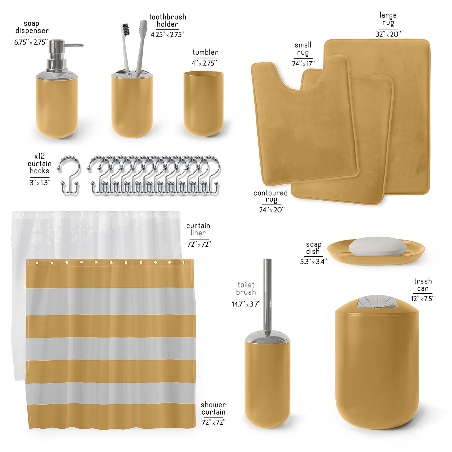 Nestl 23 Piece Bathroom Accessory Gift Set, Bathroom Shower Curtain Set, And Bath Rug Set, Gold