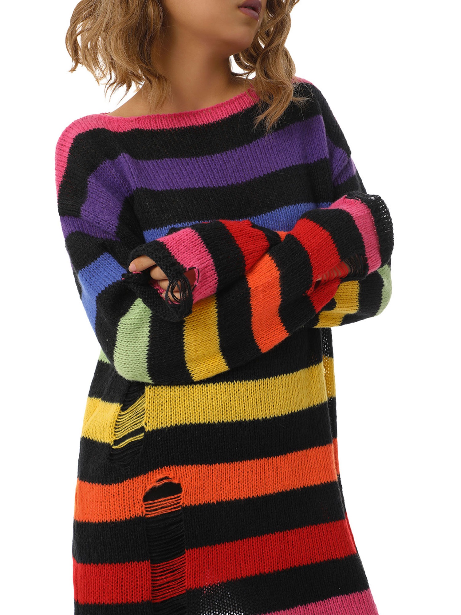 EYIIYE Women Hollow Knit Sweater Colorblock Striped Oversized Punk