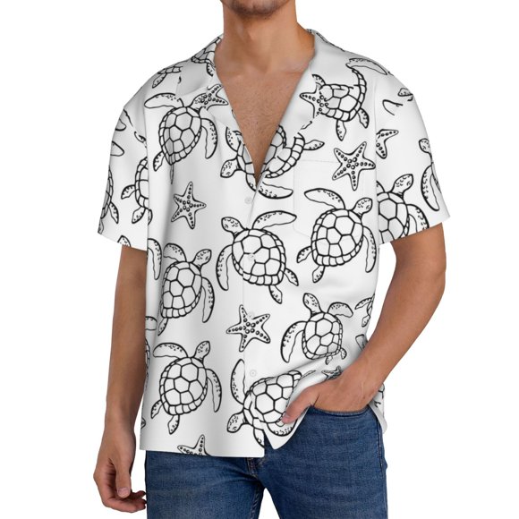 Lsque Sea Turtle print Men's Cuban Collar Short Sleeve Shirt Summer Beachwear Casual Button Down Fashionable Vacation Leisure Shirt-Large