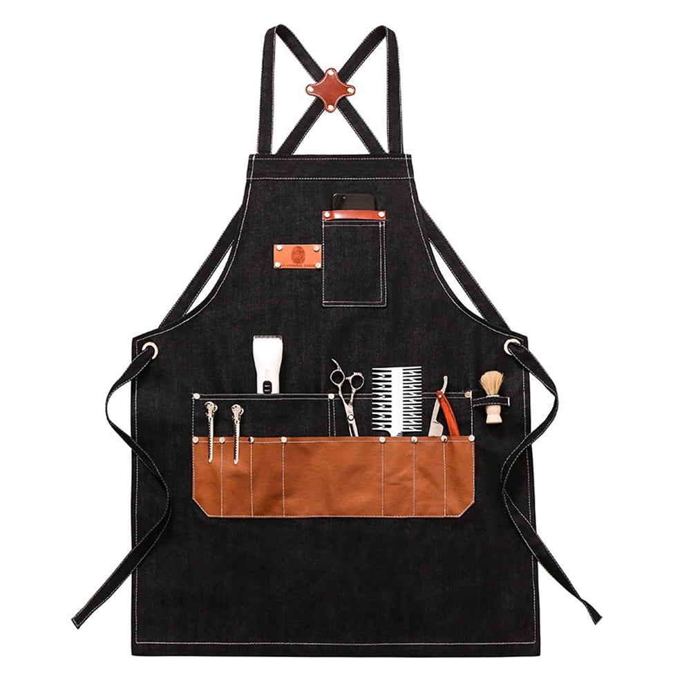 Aprons for Men Hair Stylist Salon Apron with Leather Pockets,Cross Back