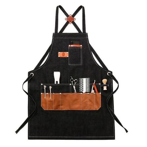 Leather Pockets Salon Apron Aprons for Men Hair Stylist Salon Apron with Leather Pockets,Cross Back Kitchen Chef Apron for Women