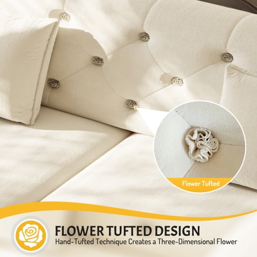 100" Oversize Velvet Pull Out Sofa Bed, Convertible Sleeper Loveseat with Handmade Flower Tufted Design, Multi-Functional Sofa Couch for Living Room & Bedroom, Beige