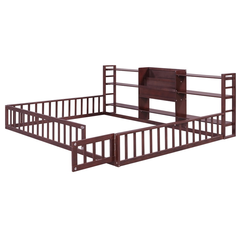 Queen Size Floor Bed Montessori Bed with Integrated Bookcase and 3-Tier Storage Shelves, Wooden Low Profile Toddler Bed Platform Bed with Safety Guardrails for Boys Girls