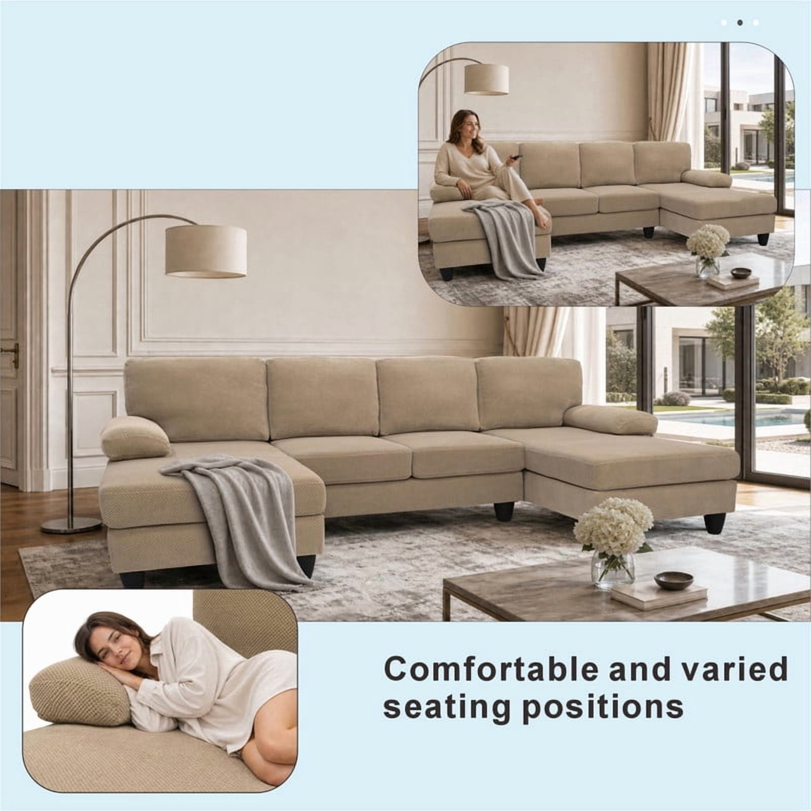 Upholstered U-Shaped Sectional Sofa, Deep Seat Sofa Couch with Dual Chaise, Plush Armrests, Modular Sofa for Living Room Apartment