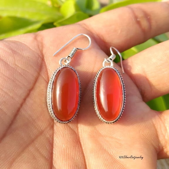 Elanzaa Jewels -Carnelian Earrings - Handmade Oval Gemstone Dangles | 925 Sterling Silver Jewelry