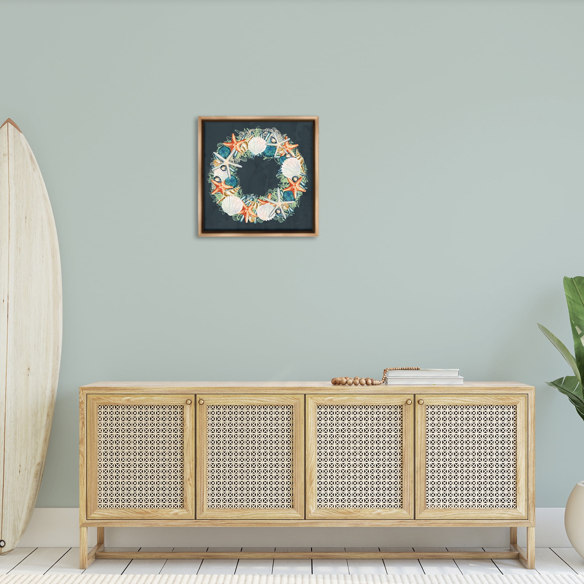 Stupell Industries Starfish and Nautical Seashell Wreath Animals & Insects Painting Brown Floater Framed Canvas Art Print Wall Art, 25 x 25