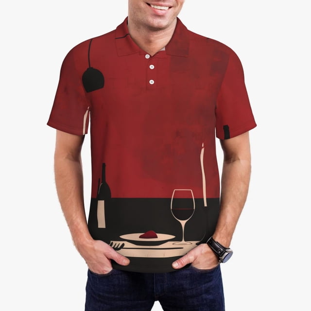 Fotbe Minimalist Romantic Dinner Camiseta Polo de Golf para Hombre con Estampado – Camisa Deportiva Transpirable con Cuello Abotonado-Large