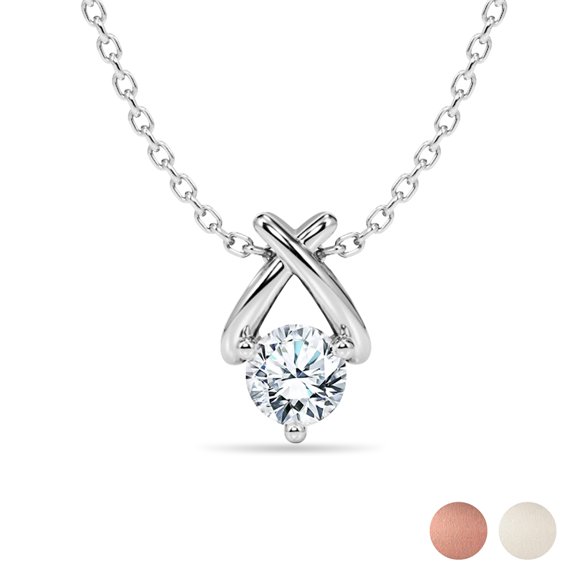 JeenMata X-Shaped Round Cut Lab Grown Diamond Pendant Necklace in 18K White Gold over Silver