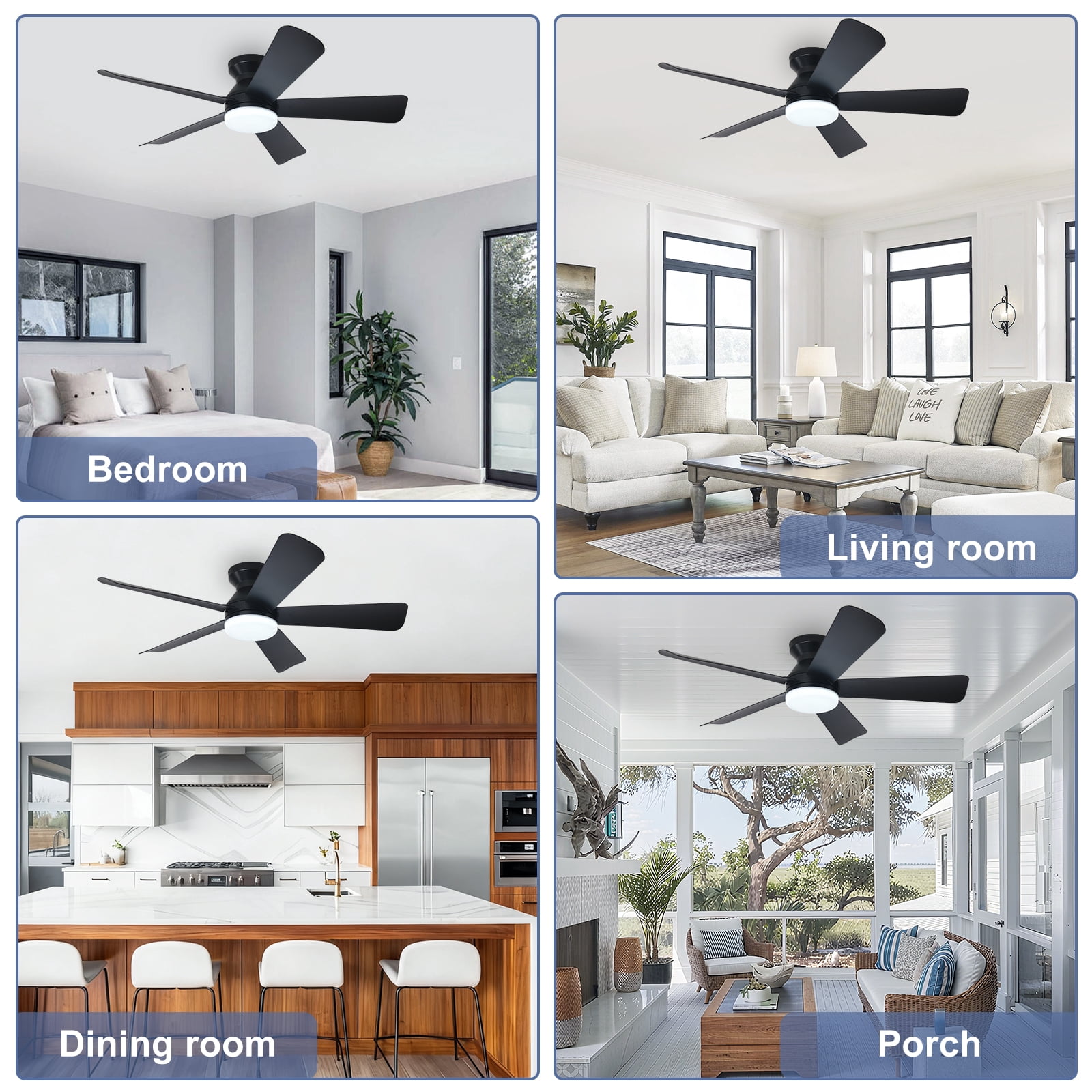 42-Inch Low Profile Ceiling Fan with Light - Dimmable LED, 6-Speed and 3 CCT, Quiet DC Motor, Remote Control, 5 Black Blades for Indoor/Outdoor