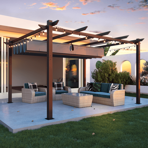 MELLCOM Retractable Pergola 10x13 ft, Outdoor Aluminum Structure, UV Protection, Locking System with Straps and Screws for Patio Backyard, Gray