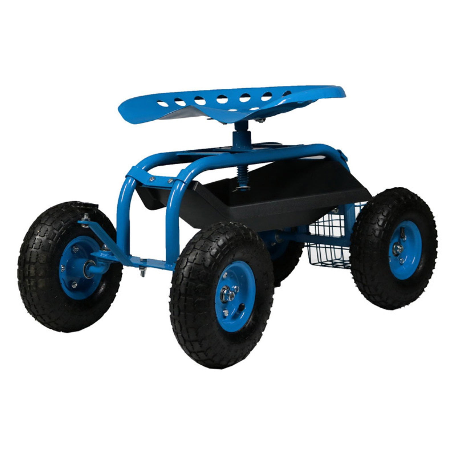 Swivel Seat & Utility Basket Sunnydaze Garden Cart Rolling Scooter with Extendable Steering Handle Blue 