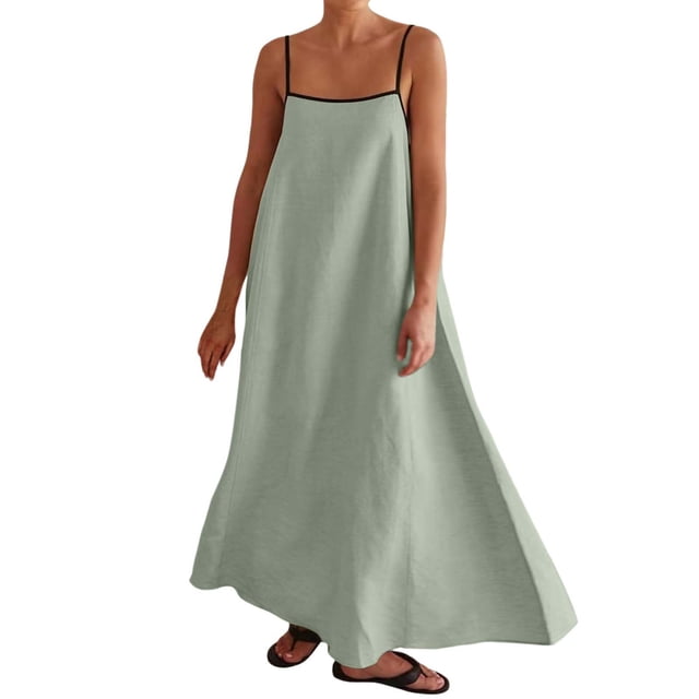 Wdgfv Robe Maxi d'Été pour Femmes avec Bordure Contrastée Bretelles Spaghetti Dos Nu Sans Manches Robe Longue Décontractée de Plage