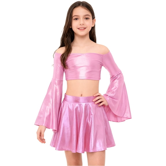 TTAO Kids Girls 2Pcs Sparkle Jazz Hip Hop Dance Performance Outfit Metallic Long Flared Sleeve Crop Top and Skirt Set Pink 10