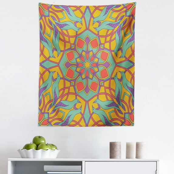 Crazy Colors Tapestry, Floral Mandala Pattern Forms Unity with Birds Romantic Contemporary Depiction, Fabric Wall Hanging Decor for Bedroom Living Room Dorm, 5 Sizes, Multicolor, by Ambesonne