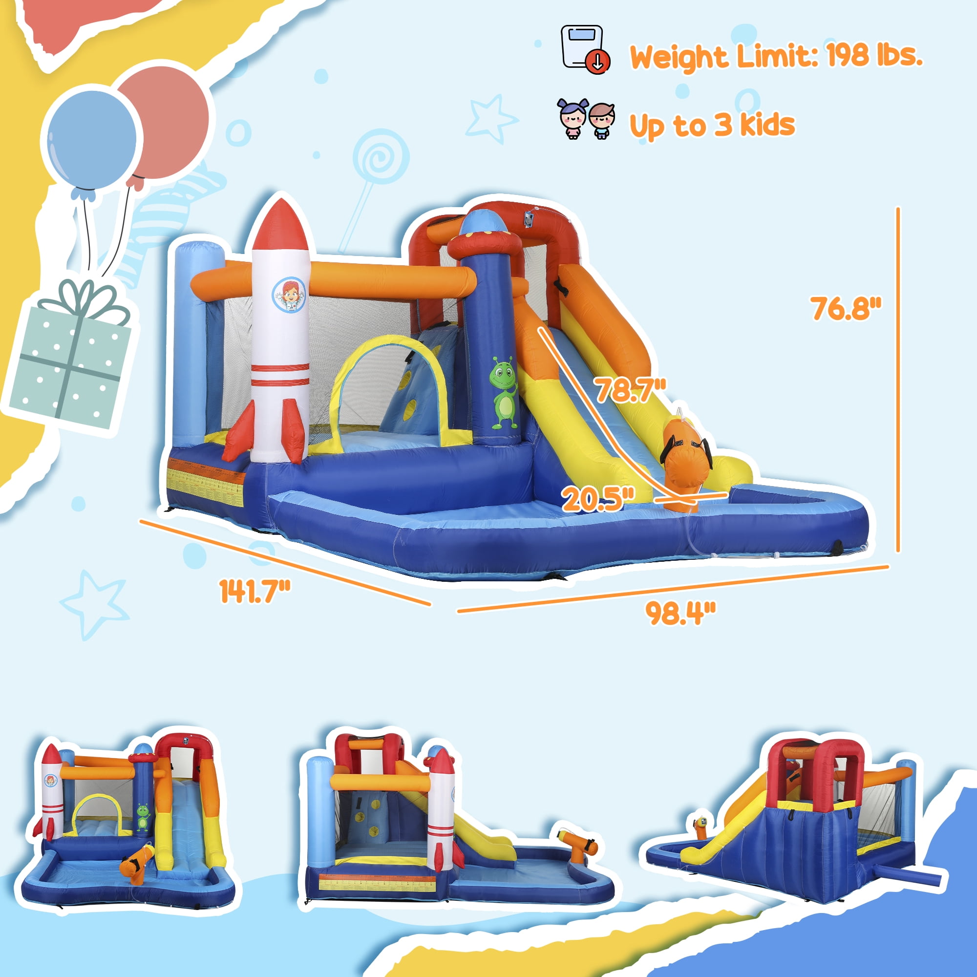 Qaba Inflatable Bounce House, Kids Water Slide with Splash Pool, Trampoline, Climbing Wall, Cannon, 5 in 1 Kids Outdoor Fun with 550W Blower